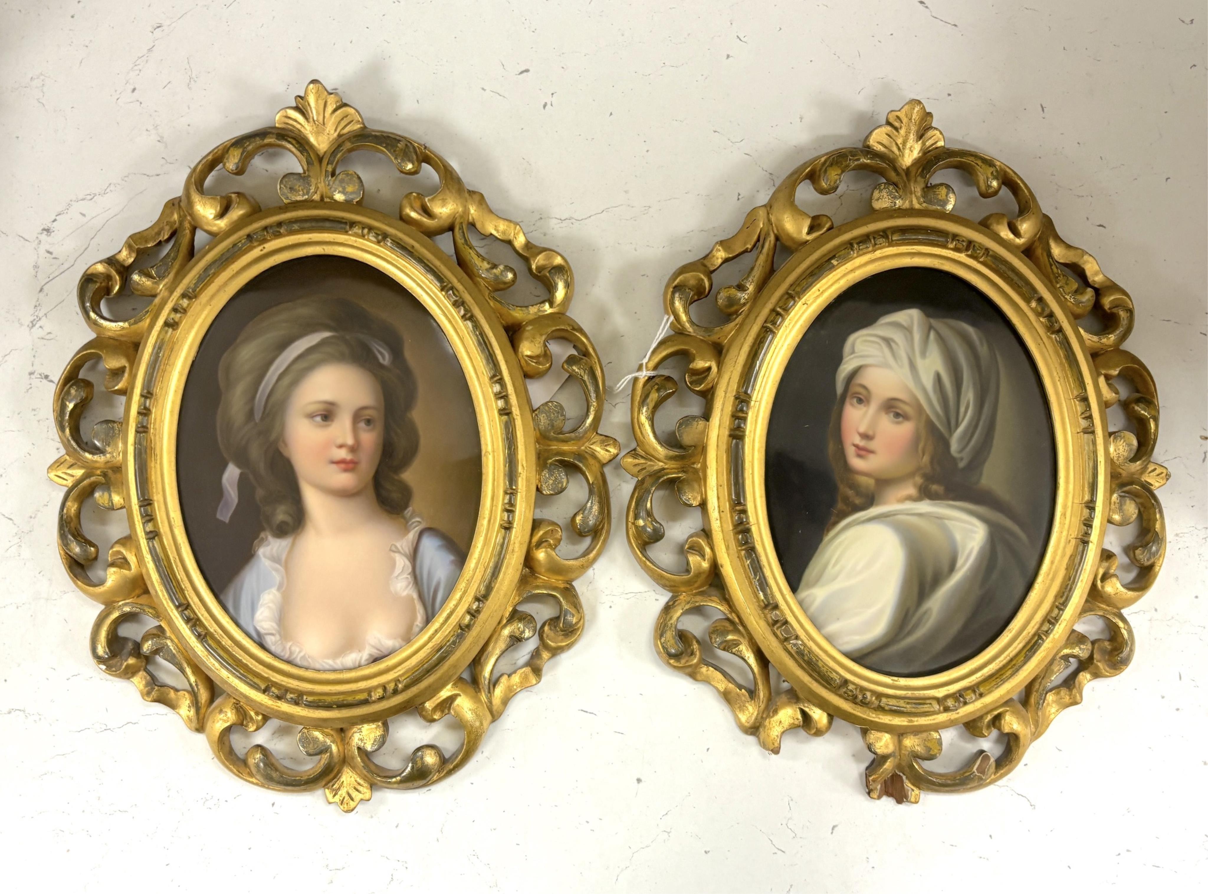 A pair of Continental oval porcelain plaques hand painted with female portraits, housed in Florentine giltwood frames (2)